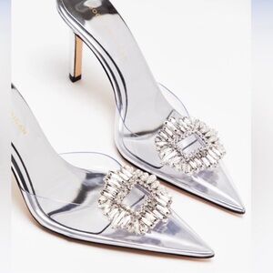 Good American Cinderella Clear Embellished Heels Pumps NEW Size 6 Silver DRESSY